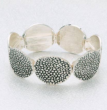 Wide Disc Stretch Bangle in Antiqued Silver Plating
