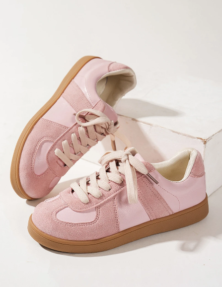 Pink Two Tone Suede Patched Lace Up Sneakers