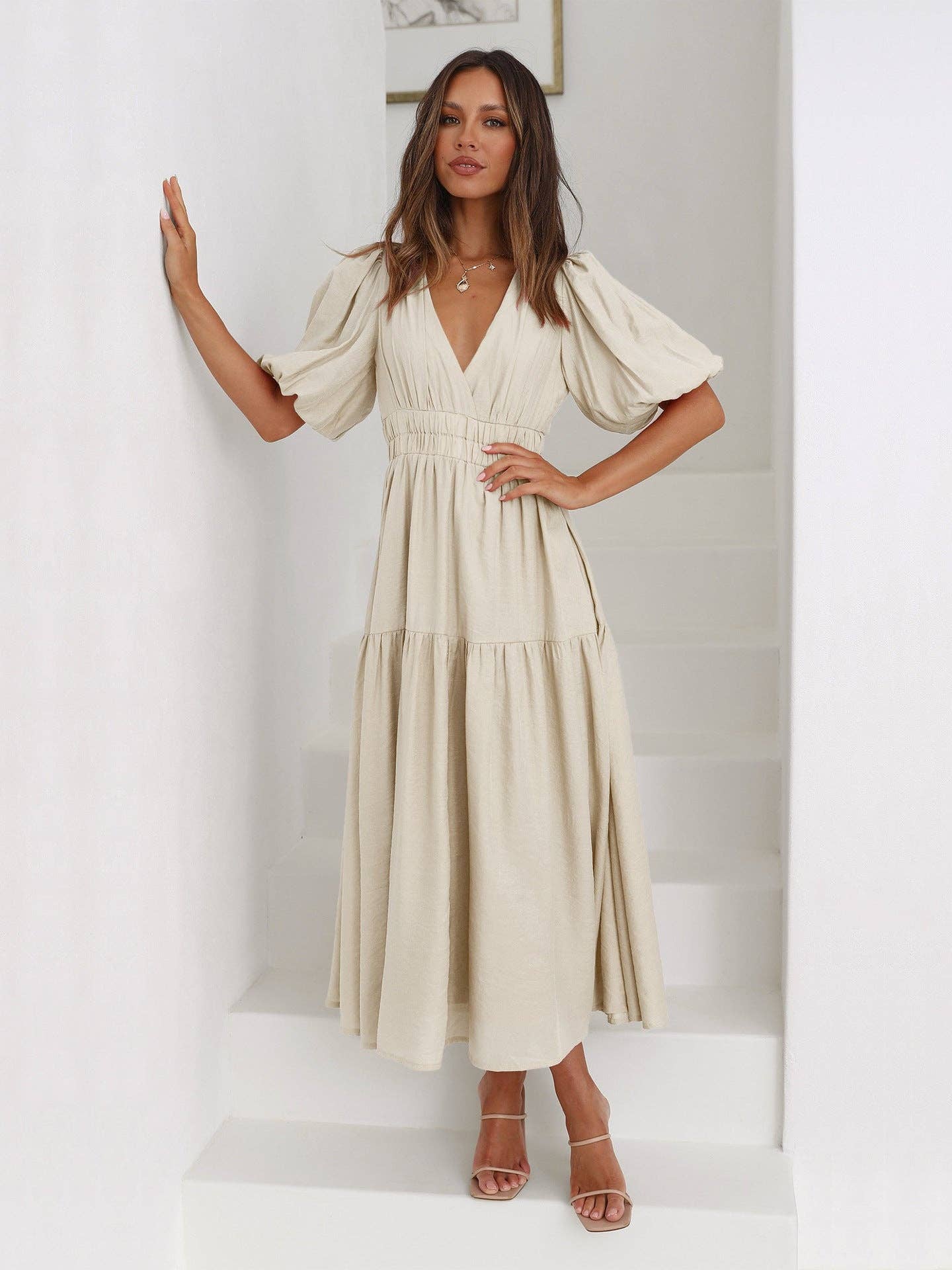 Ladies Bubble Sleeves V-Neck Daily Midi Dress