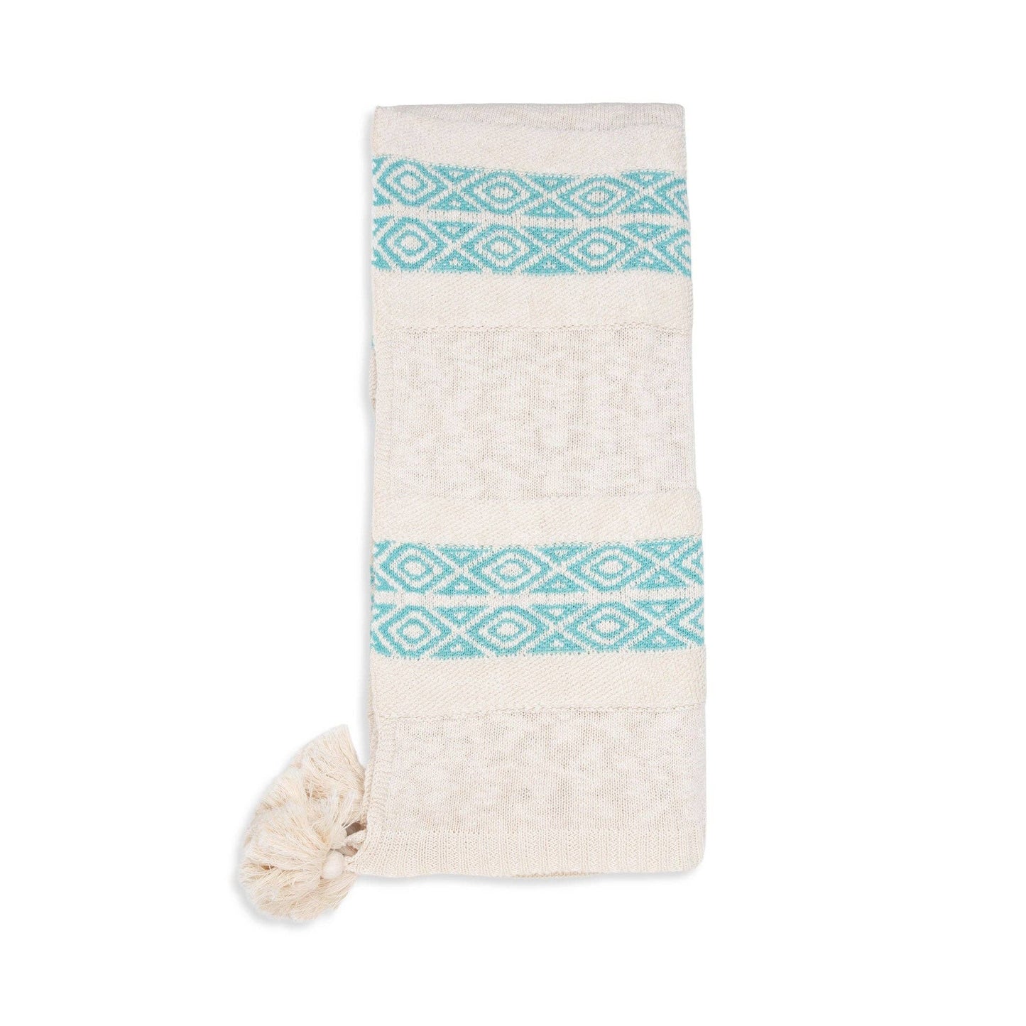 White Knit Throw with Teal Trim
