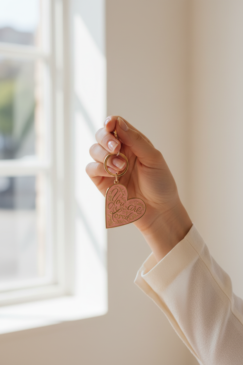 Hand holding a keychain with a heart design in front of a window