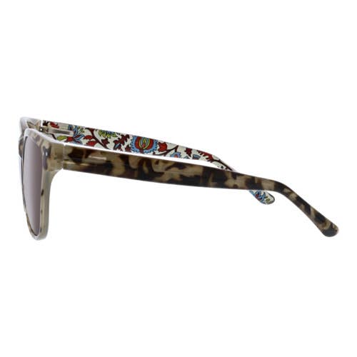 Sunglasses with tortoiseshell frame and colorful pattern on arm against a white background