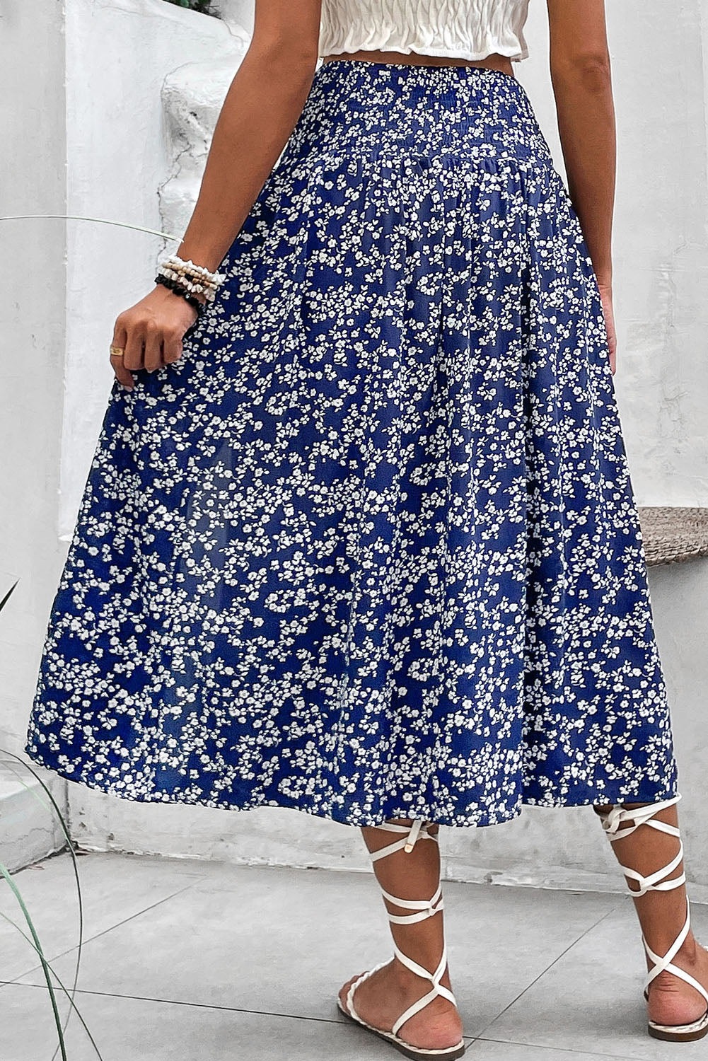 Navy Blue White Floral Skirt