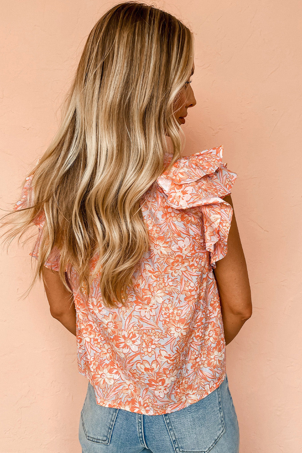 Orange Floral Ruffle Sleeve Split Neck Blouse