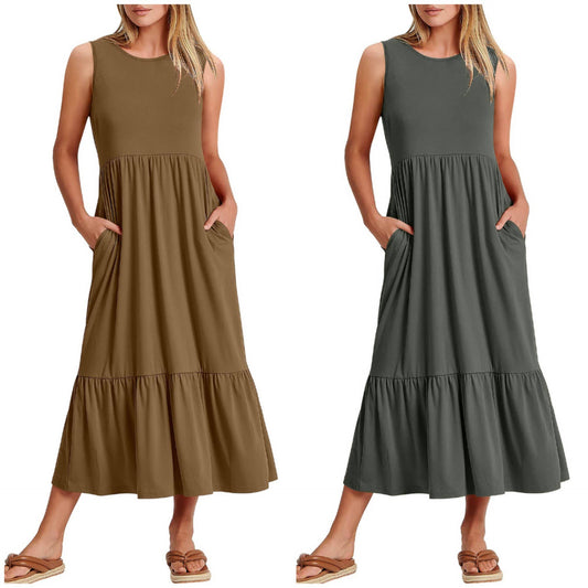 Ladies Sleeveless Pockets Simple Midi Dress