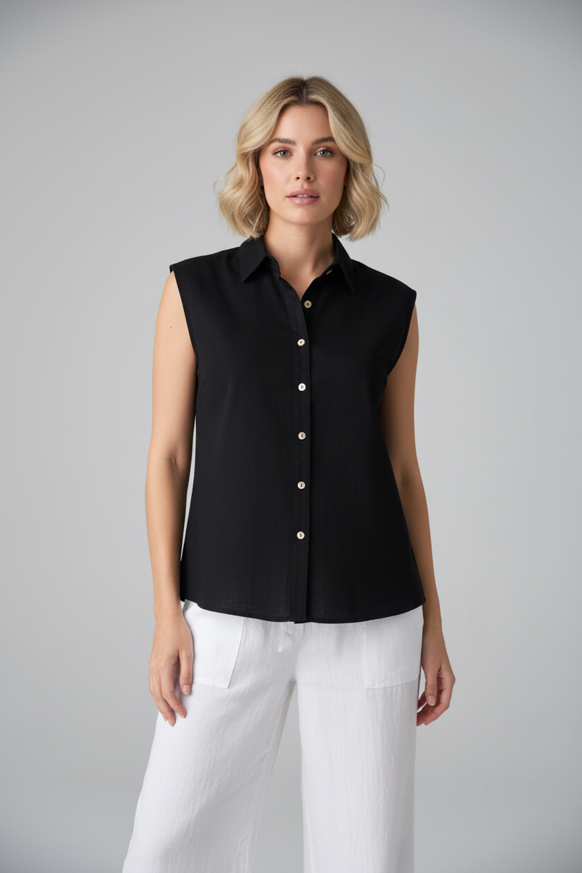 Woman wearing a black sleeveless blouse with white buttons on a gray background
