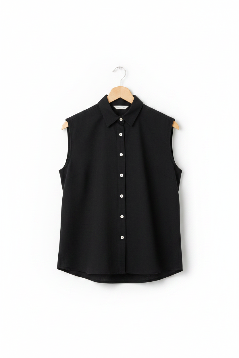 Black sleeveless blouse on a hanger against a white background