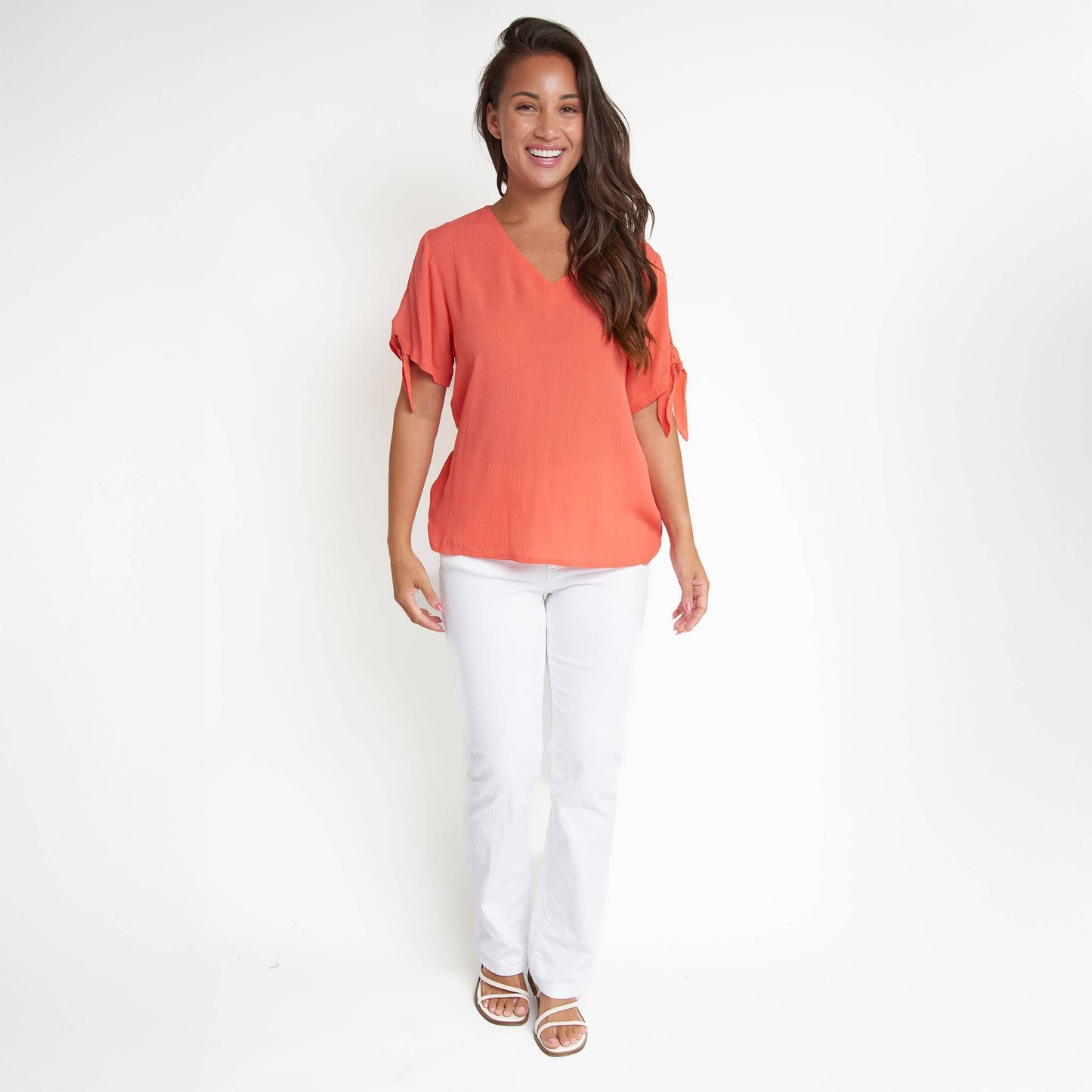 Nika Crepe Tied Short Sleeve V-Neck Blouse
