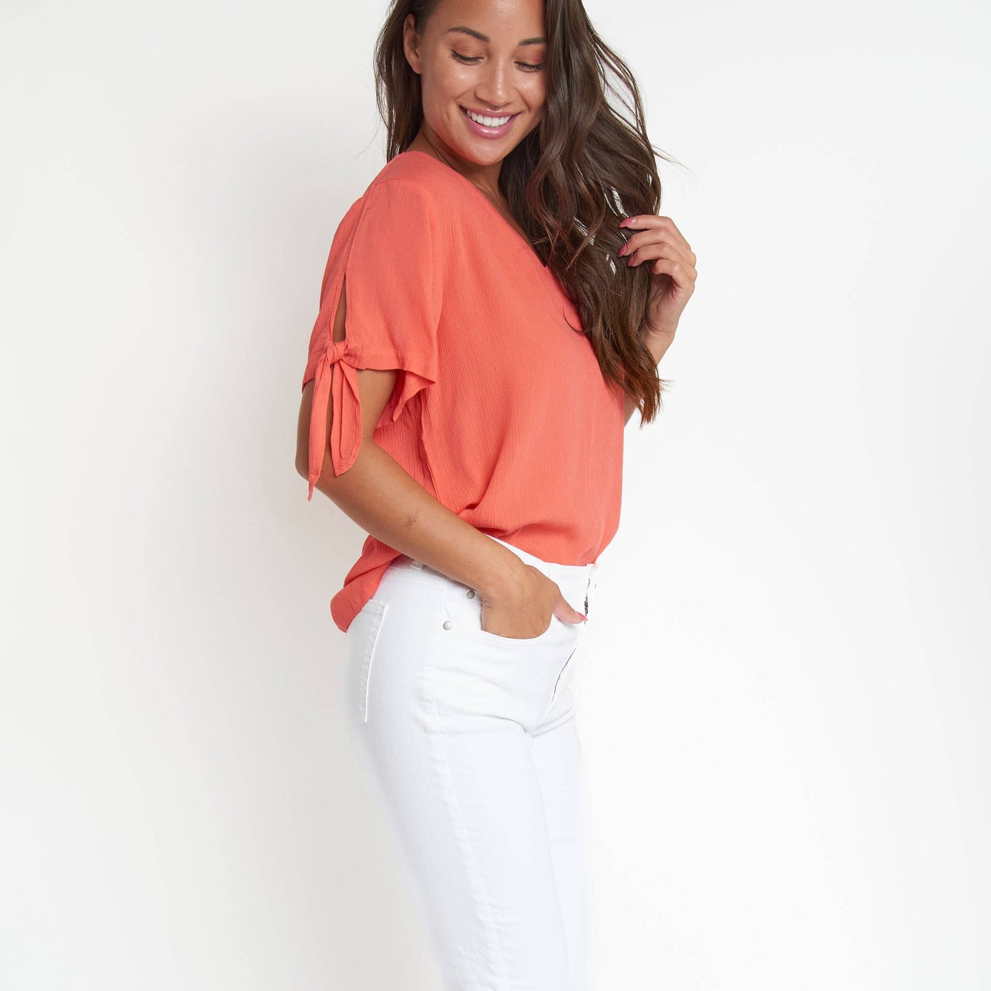 Nika Crepe Tied Short Sleeve V-Neck Blouse