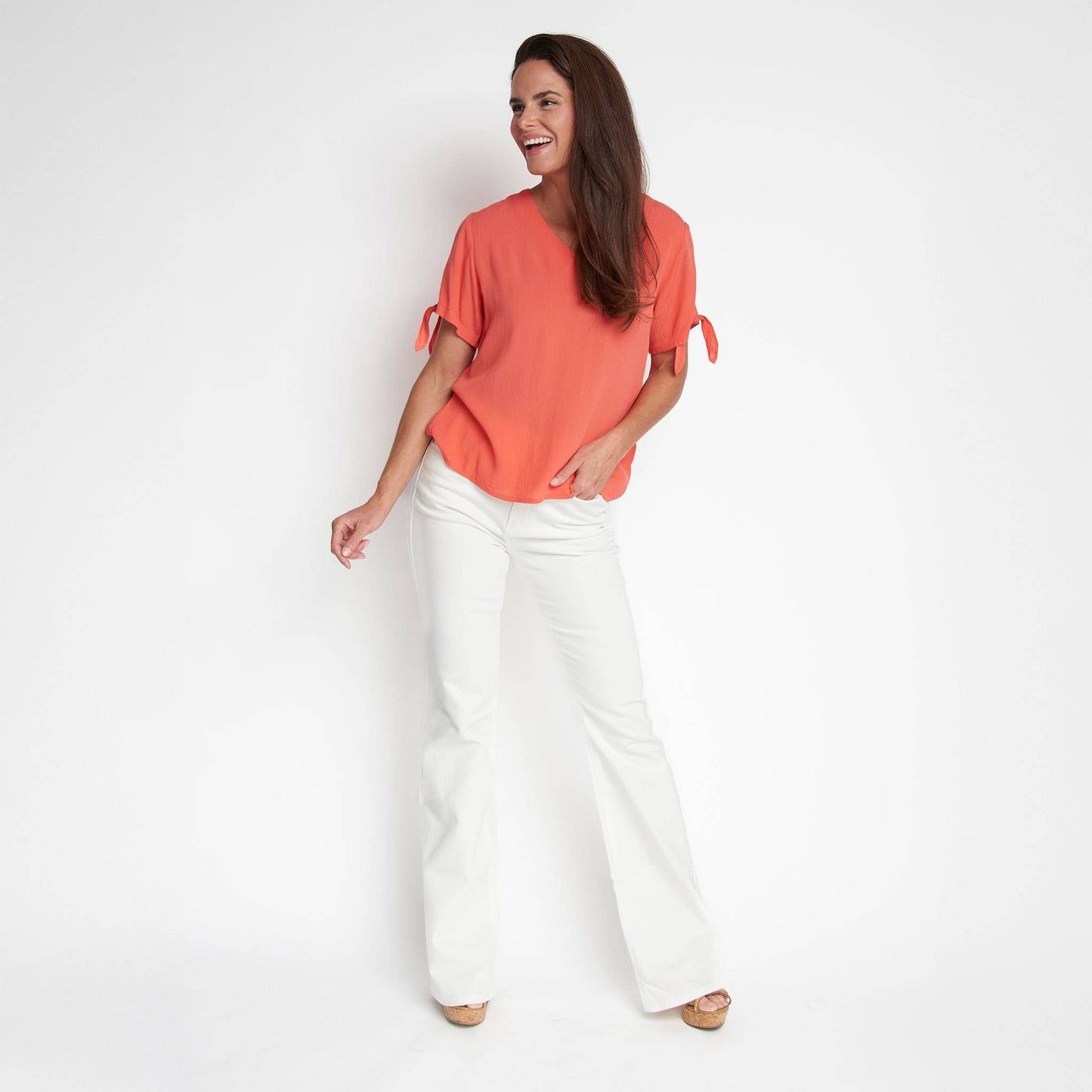 Nika Crepe Tied Short Sleeve V-Neck Blouse