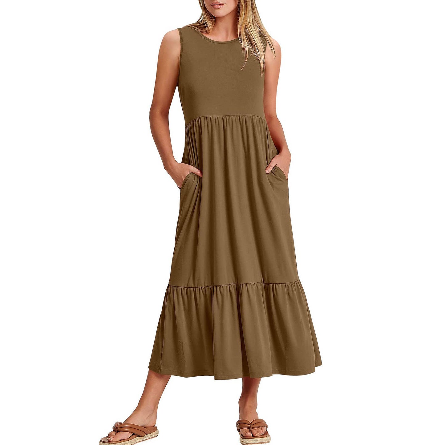 Ladies Sleeveless Pockets Simple Midi Dress