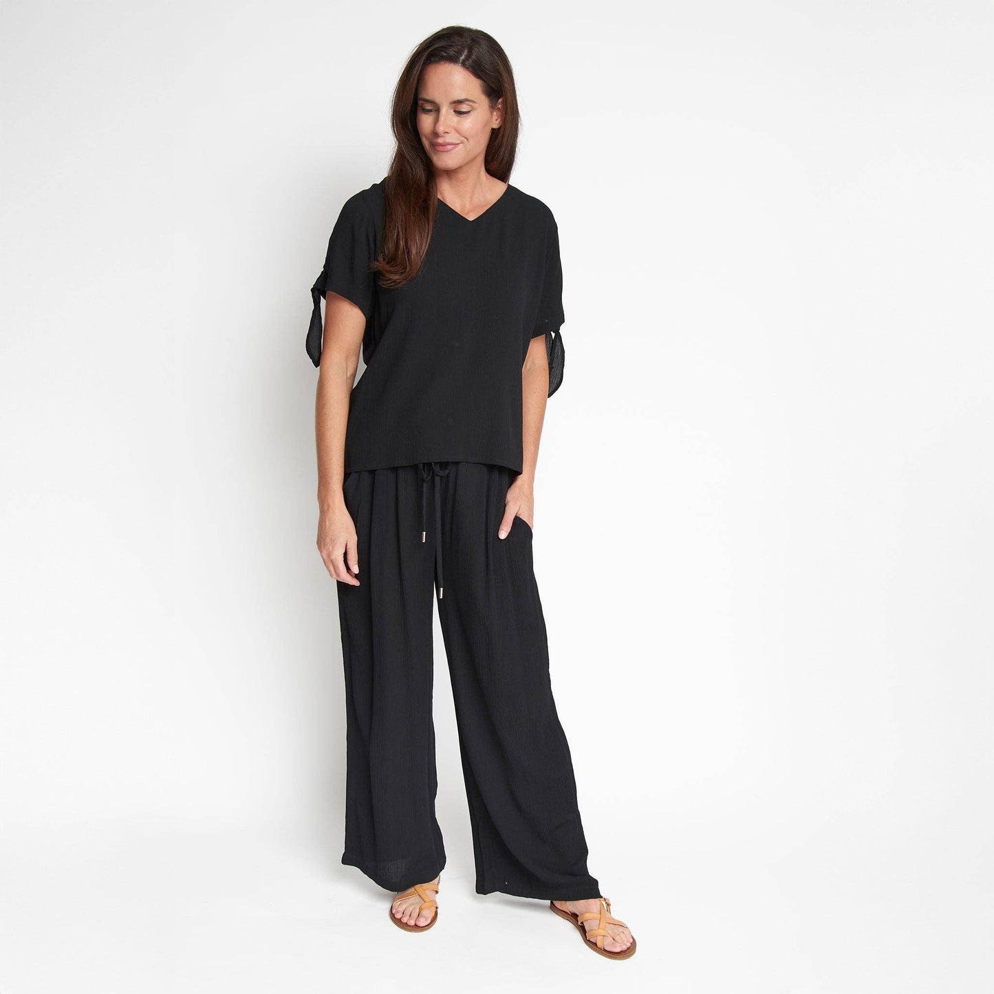Nika Crepe Tied Short Sleeve V-Neck Blouse