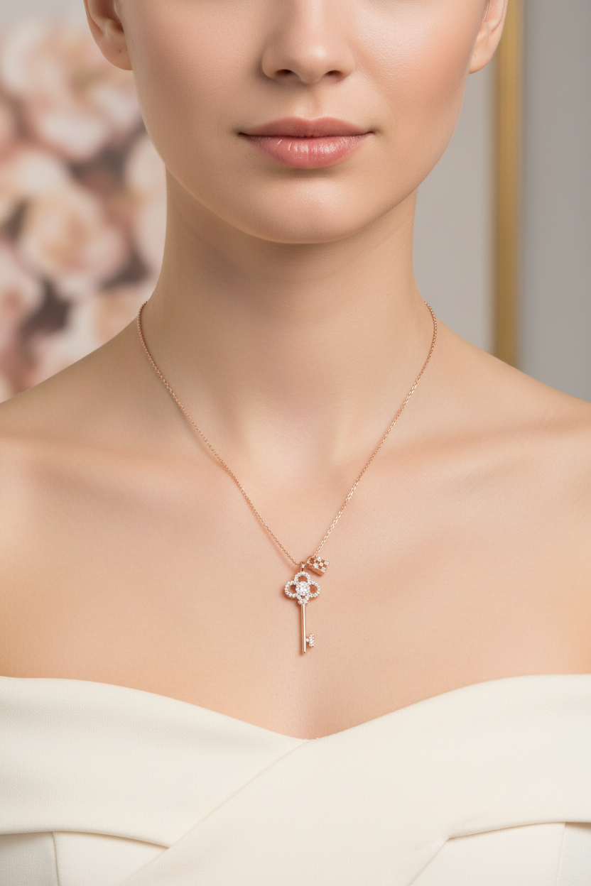 Crystal key and lock necklace - silver