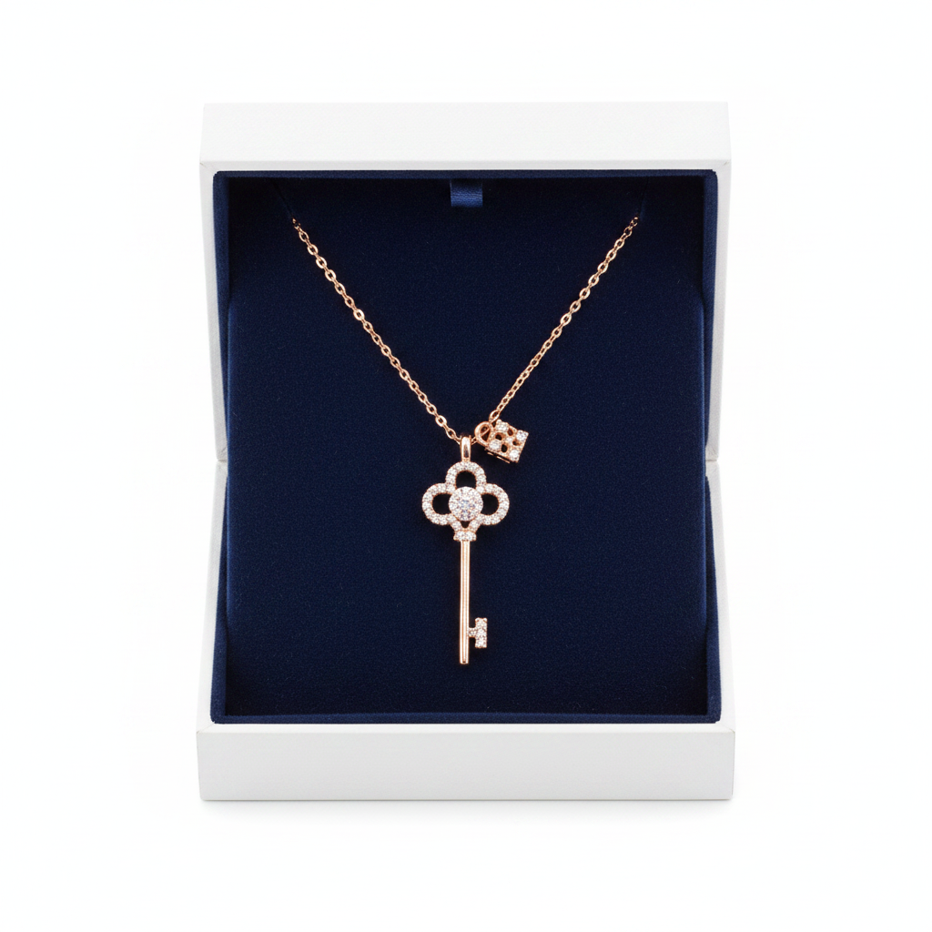 Crystal key and lock necklace - rose gold