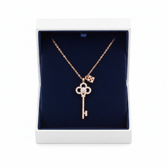 Crystal key and lock necklace - rose gold