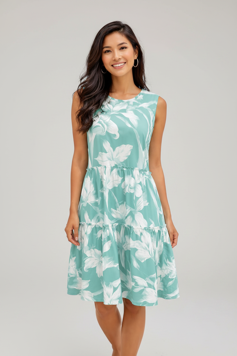 Woman wearing a turquoise dress with white floral pattern on a gray background
