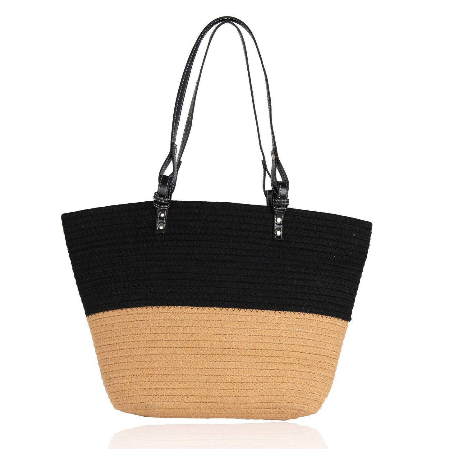 Black and beige straw tote bag on a white background