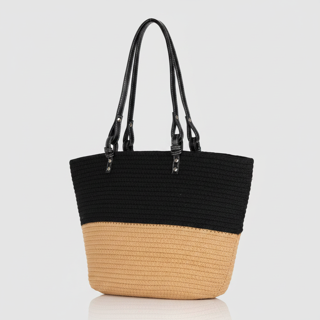 Black and beige handbag on a light gray background