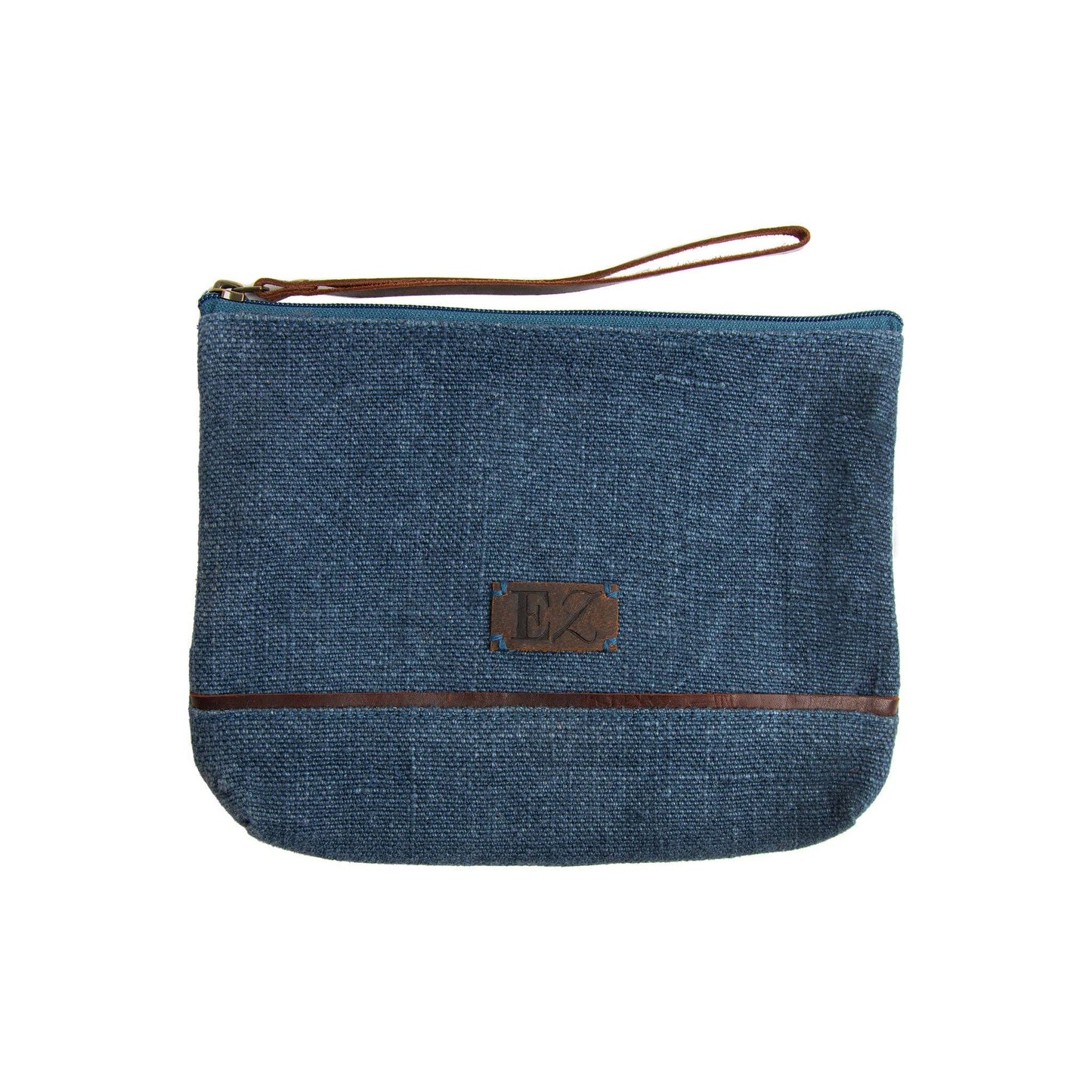 Zyla Navy Jute Leather Handled Zip Closure Clutch Purse