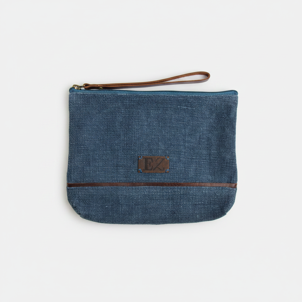 Navy Jute Leather Handled Clutch Purse