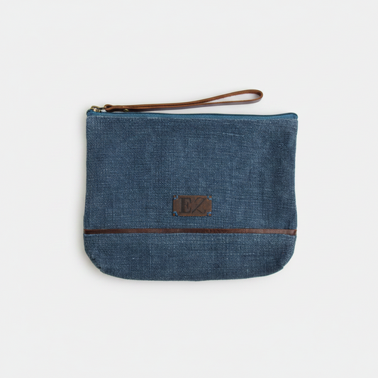 Navy Jute Leather Handled Clutch Purse