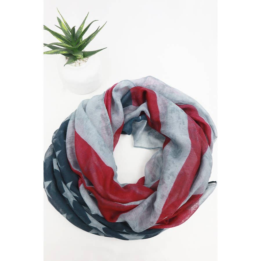 Infinity scarf with red, white, and blue pattern on a white background