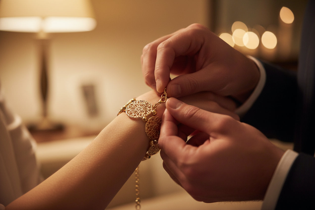 Gold bracelet with intricate floral design on a white background