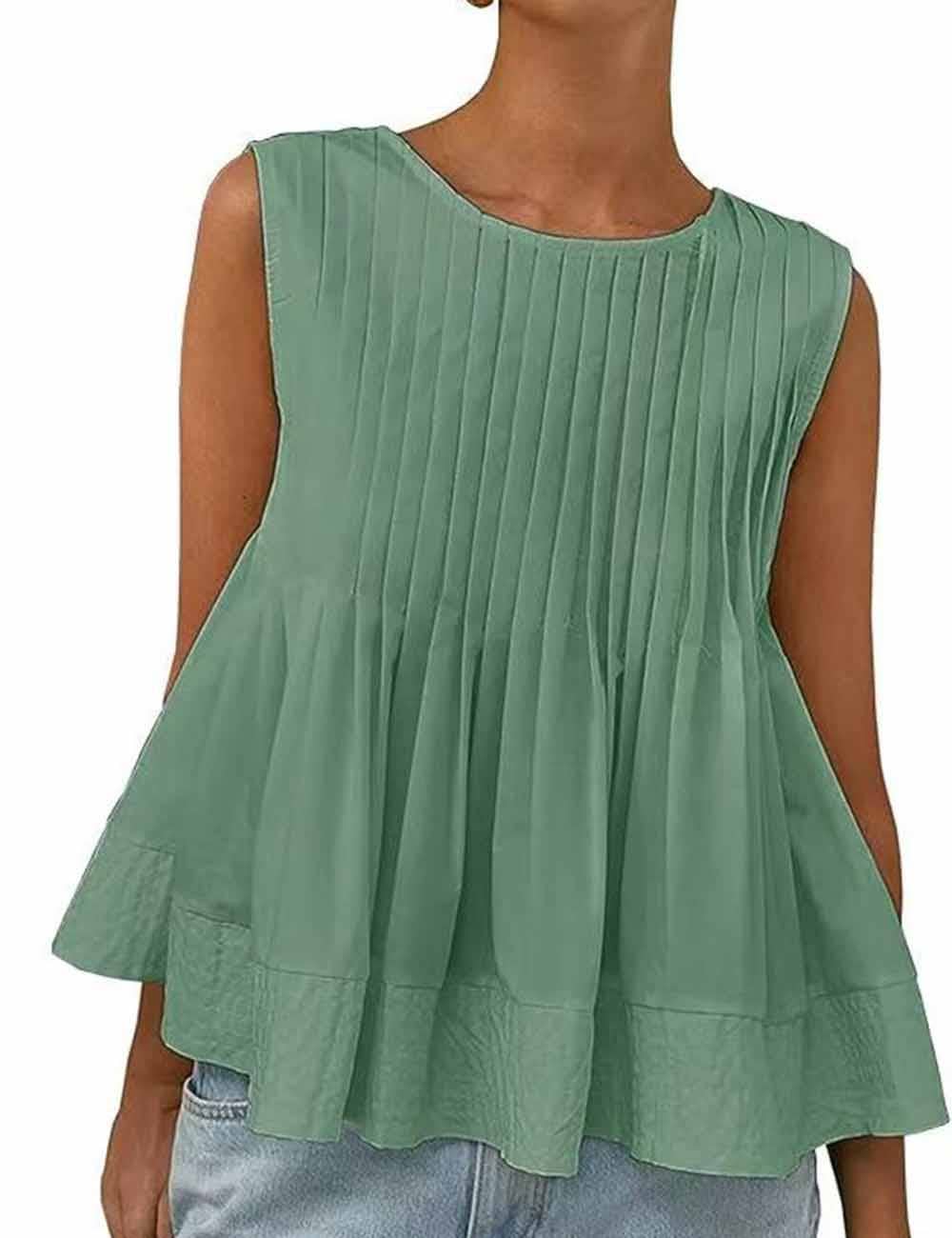 Ladies Solid Color Pleated Sleeveless Tank Top