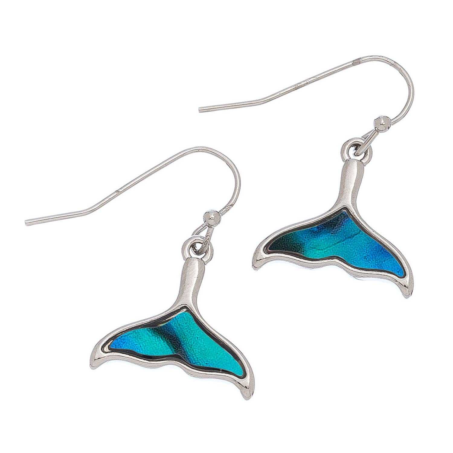 Silver earrings with blue whale tail design on a white background