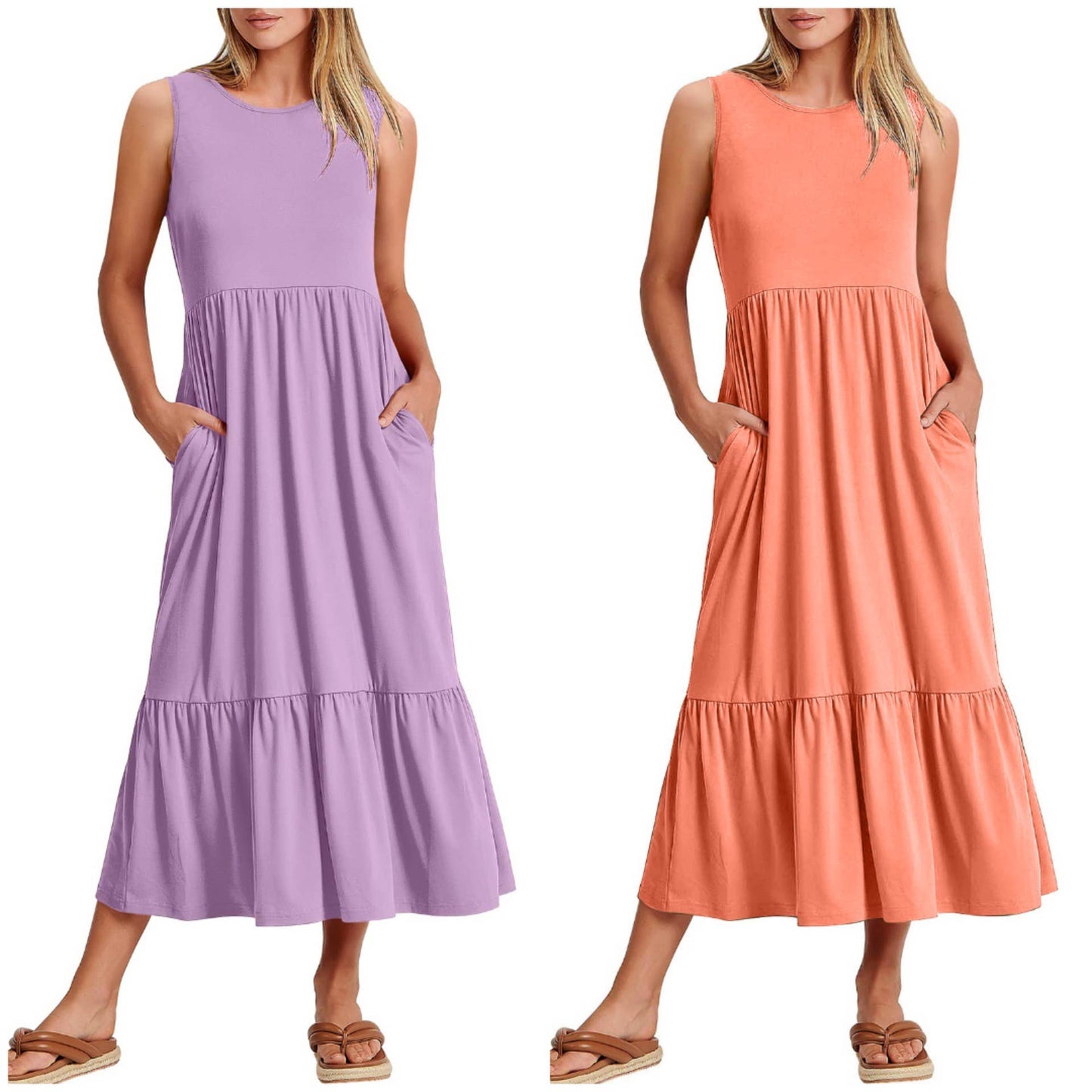 Ladies Sleeveless Pockets Simple Midi Dress