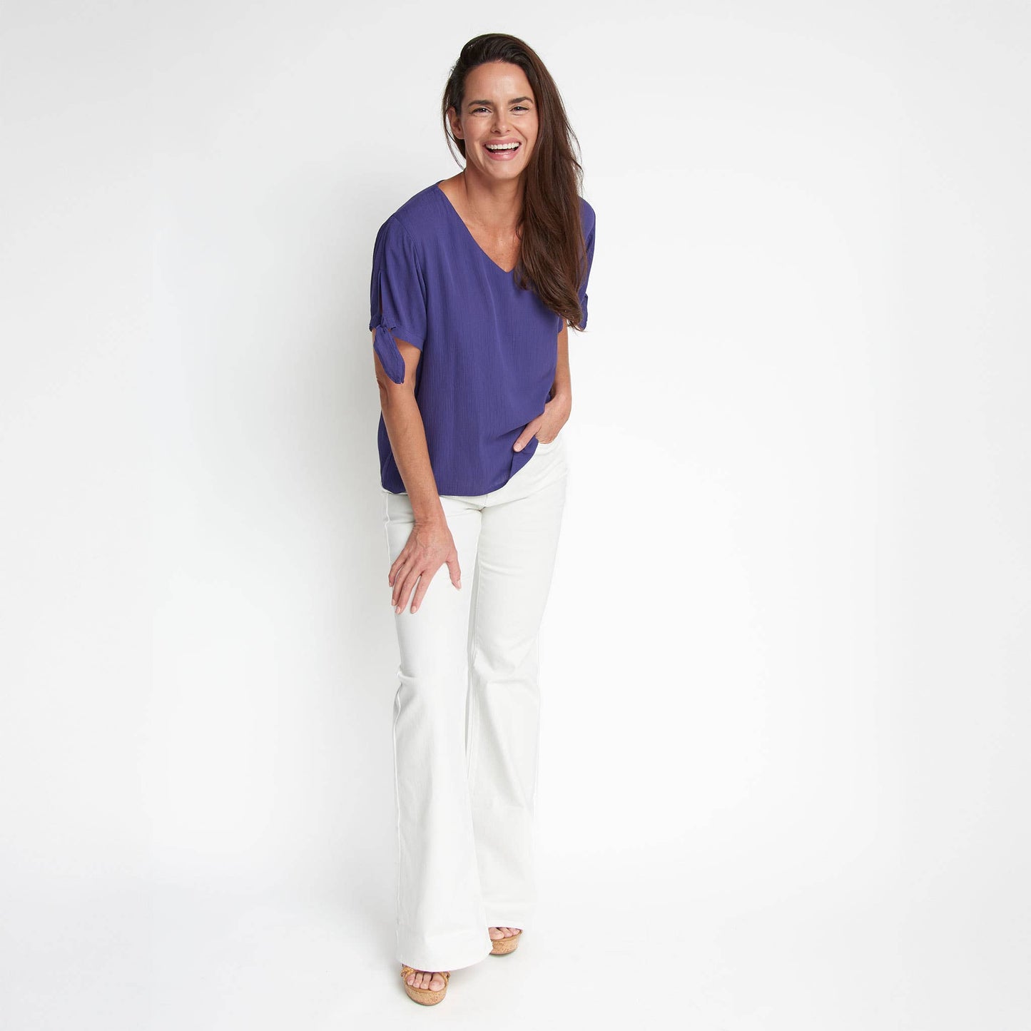 Nika Crepe Tied Short Sleeve V-Neck Blouse