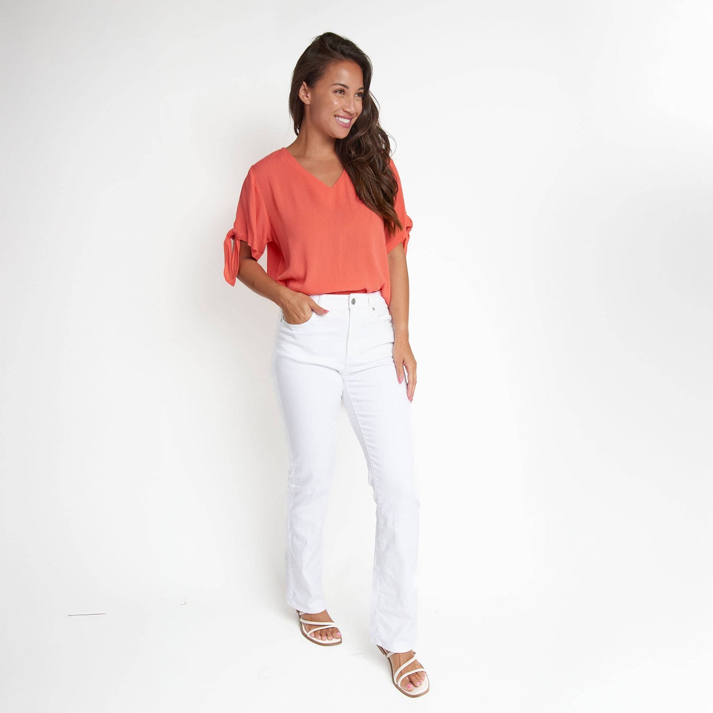 Nika Crepe Tied Short Sleeve V-Neck Blouse