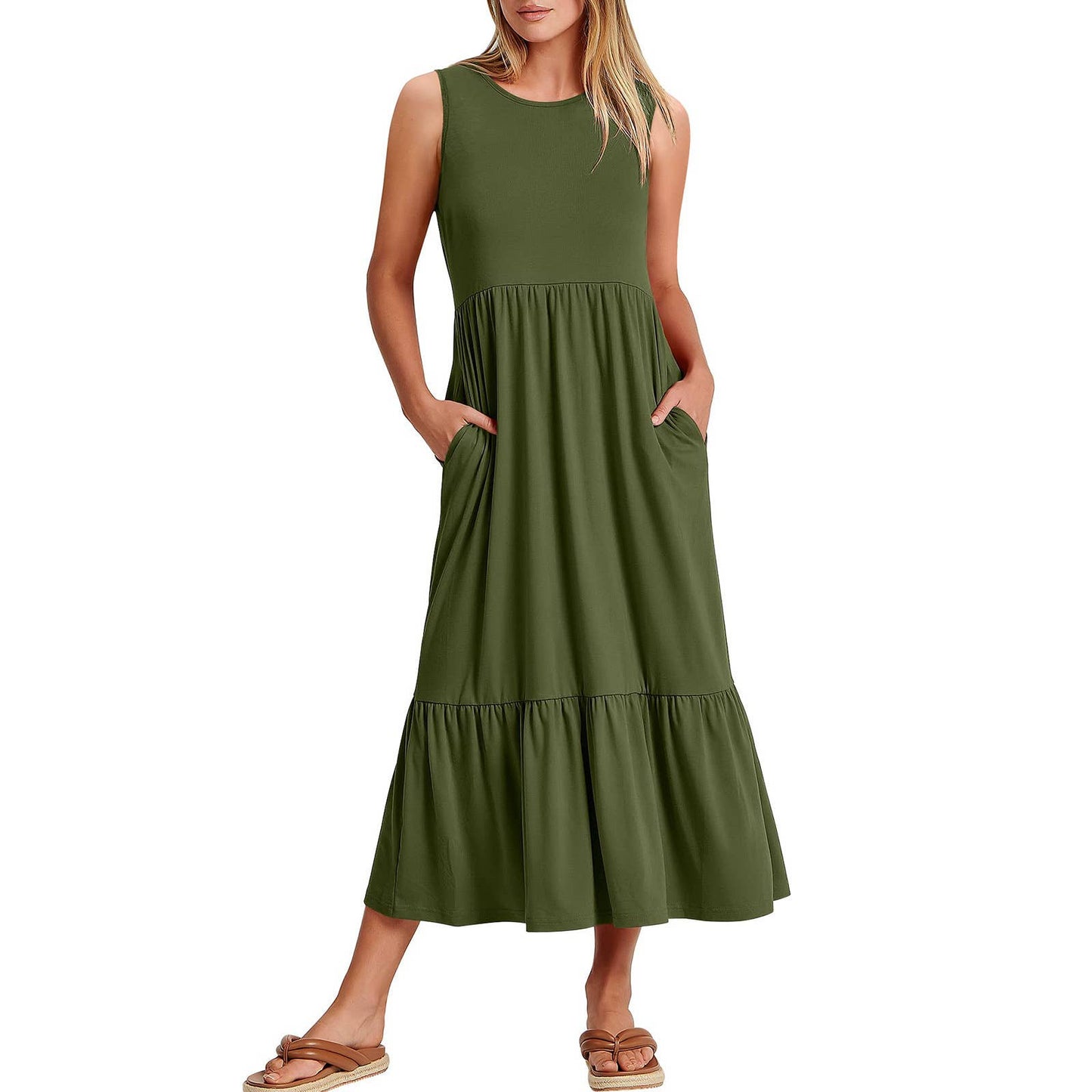 Ladies Sleeveless Pockets Simple Midi Dress