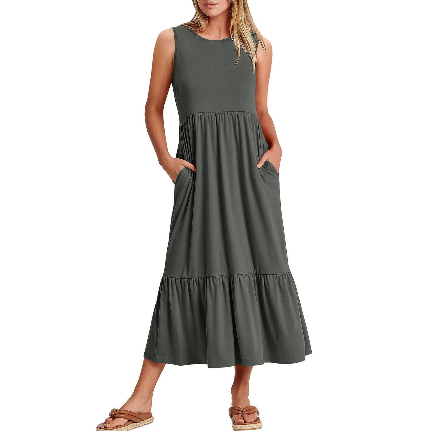 Ladies Sleeveless Pockets Simple Midi Dress