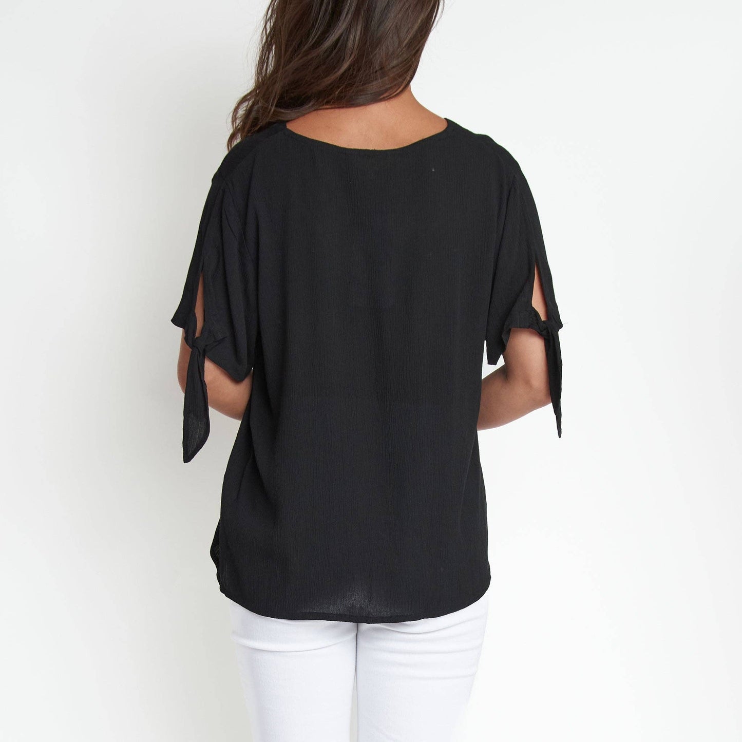 Nika Crepe Tied Short Sleeve V-Neck Blouse