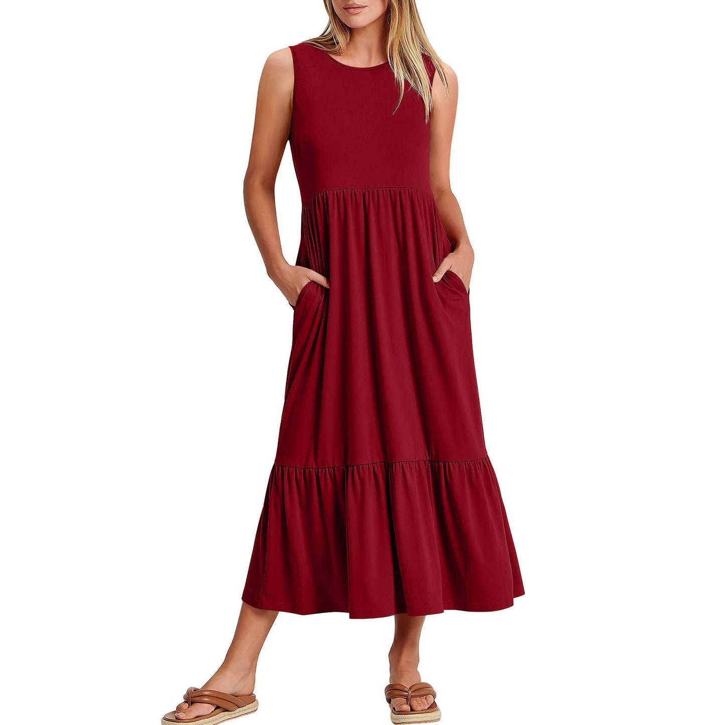 Ladies Sleeveless Pockets Simple Midi Dress