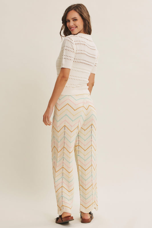 Split Neck Shear Weaving Pointelle Sweater Top