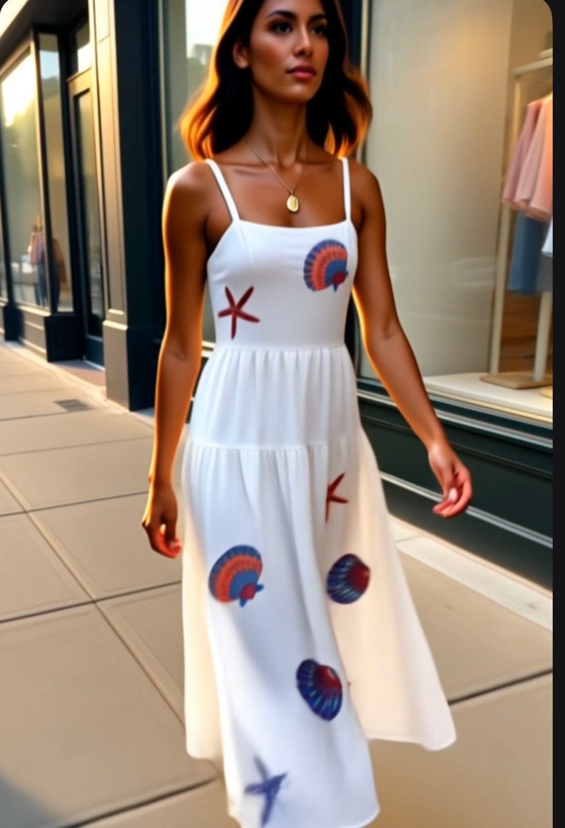 Woman wearing a white dress with colorful patterns on a city street.