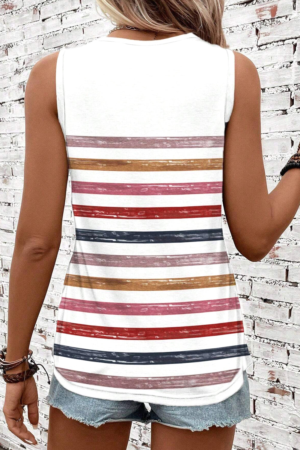 Red Rainbow Striped Round Neck Tank Top