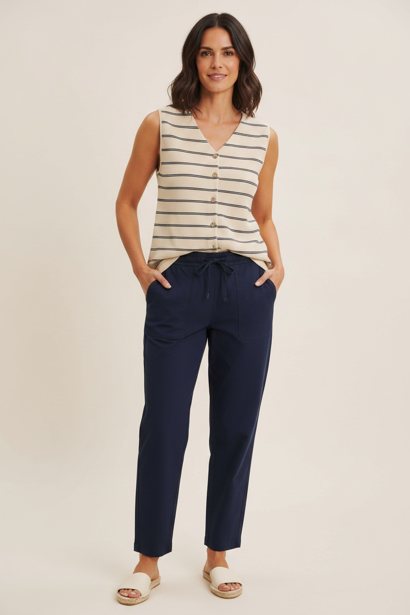 Woman wearing a striped sleeveless top and navy pants on a beige background