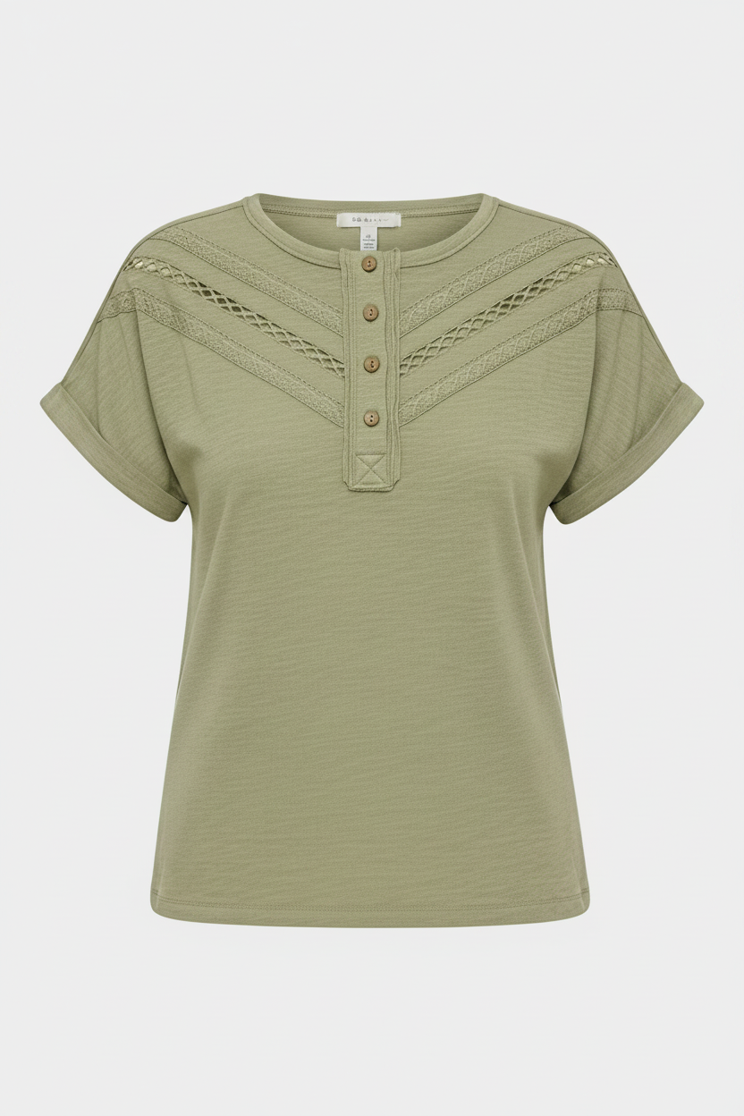 Green short-sleeve top with button details on a white background