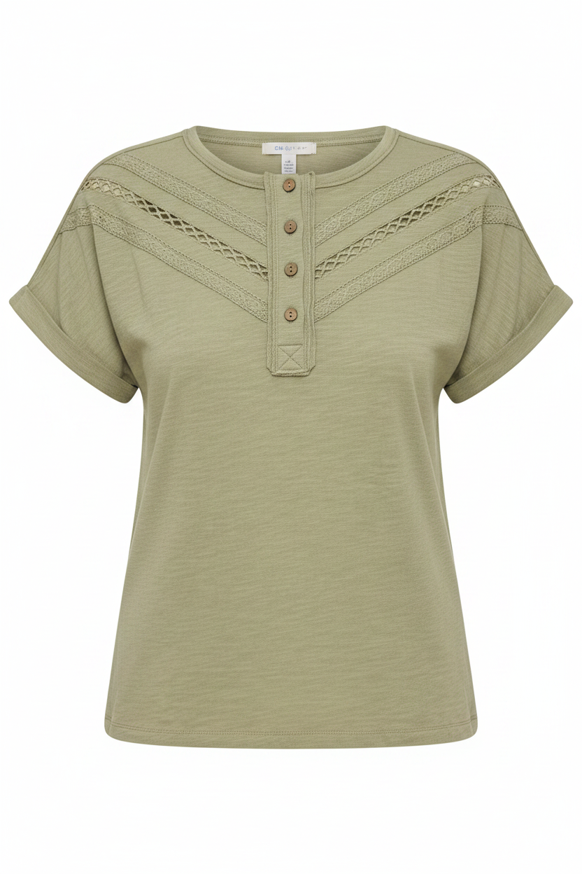 Henley Dolman Short Sleeve Tee With Lace Trim