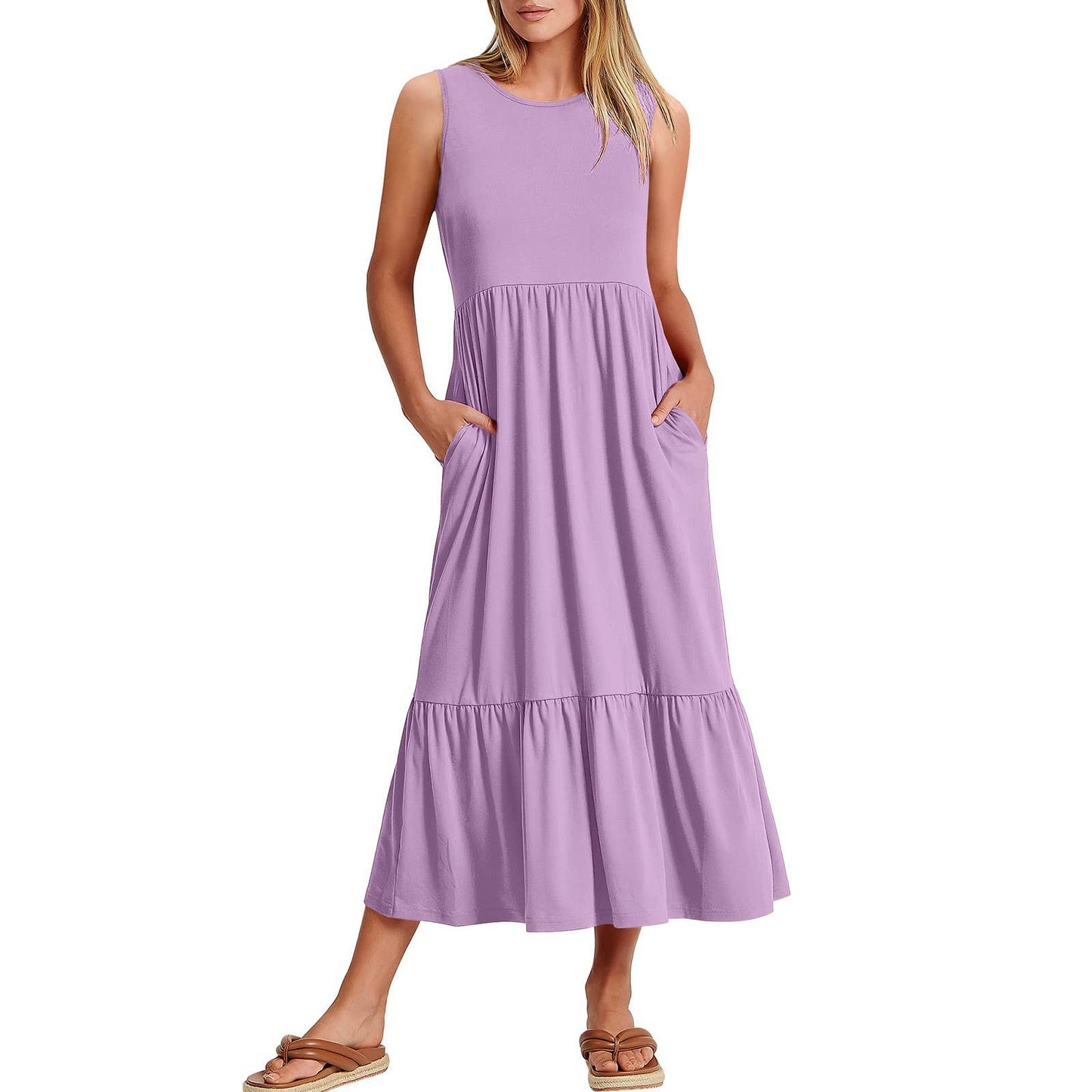 Ladies Sleeveless Pockets Simple Midi Dress