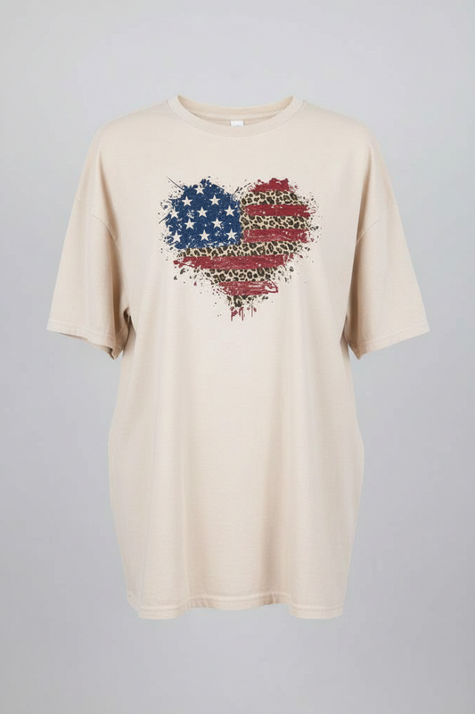Beige t-shirt with a heart-shaped American flag design on a gray background