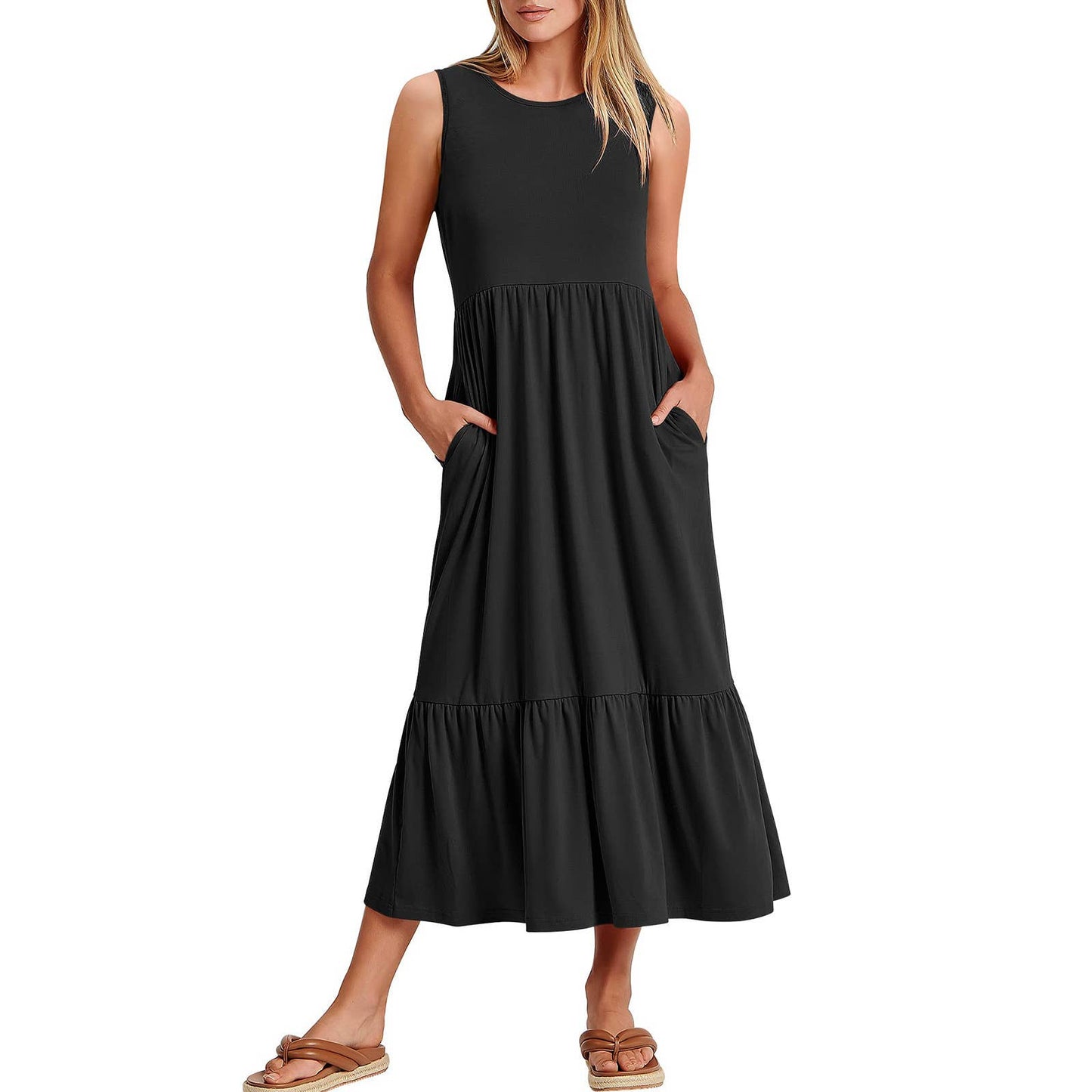 Ladies Sleeveless Pockets Simple Midi Dress
