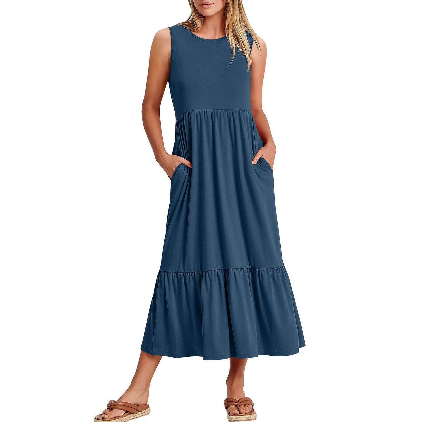 Ladies Sleeveless Pockets Simple Midi Dress