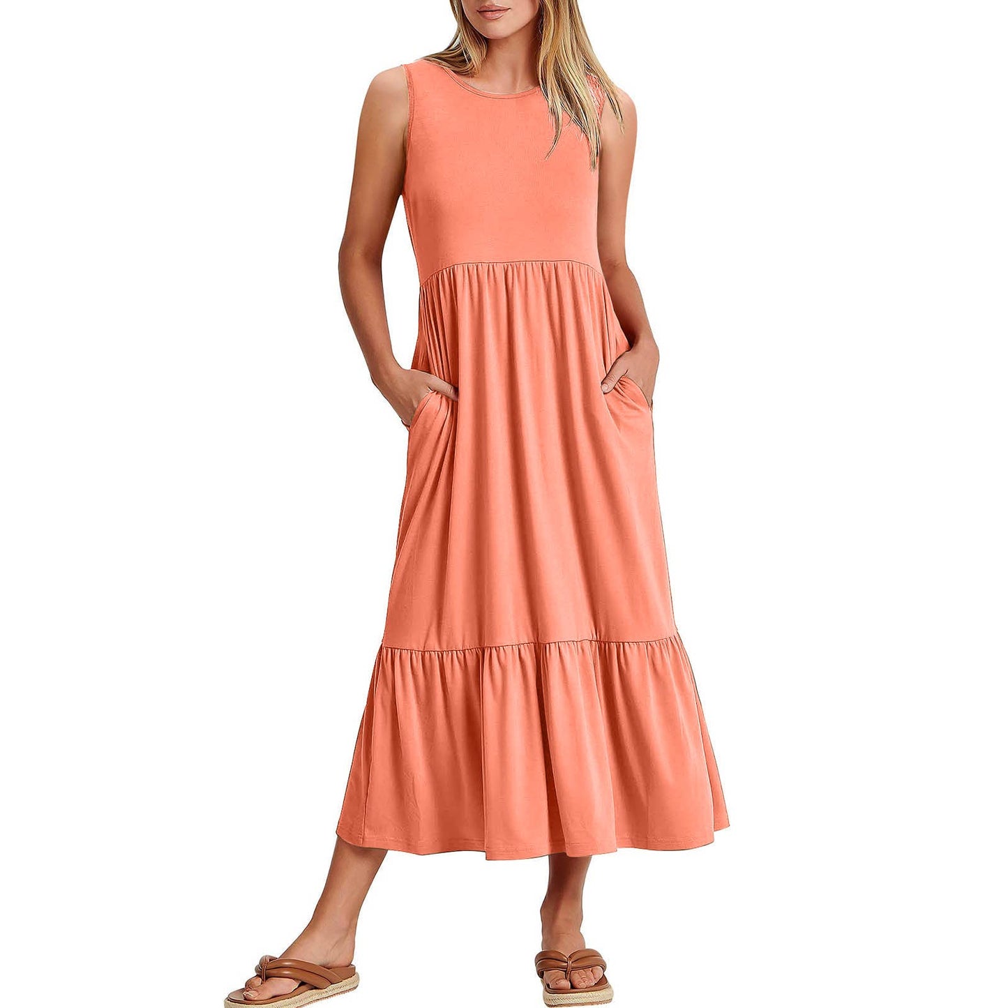 Ladies Sleeveless Pockets Simple Midi Dress