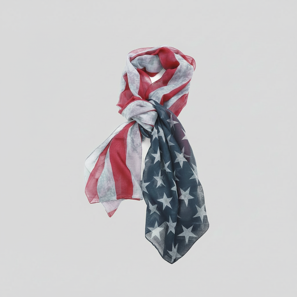 Scarf with red, white, and blue pattern on a light gray background