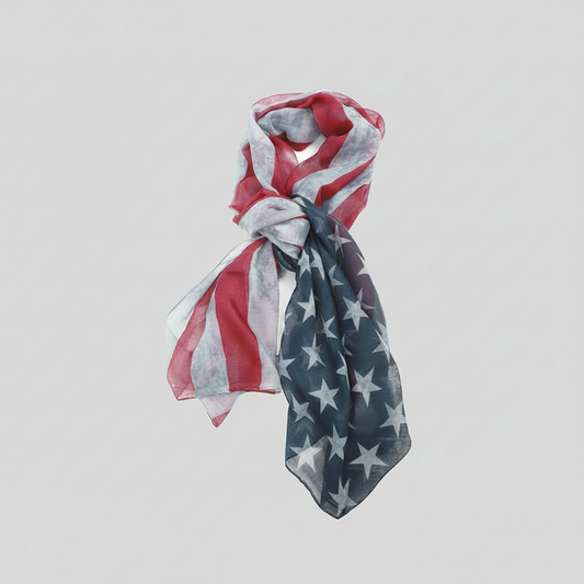 Scarf with red, white, and blue pattern on a light gray background