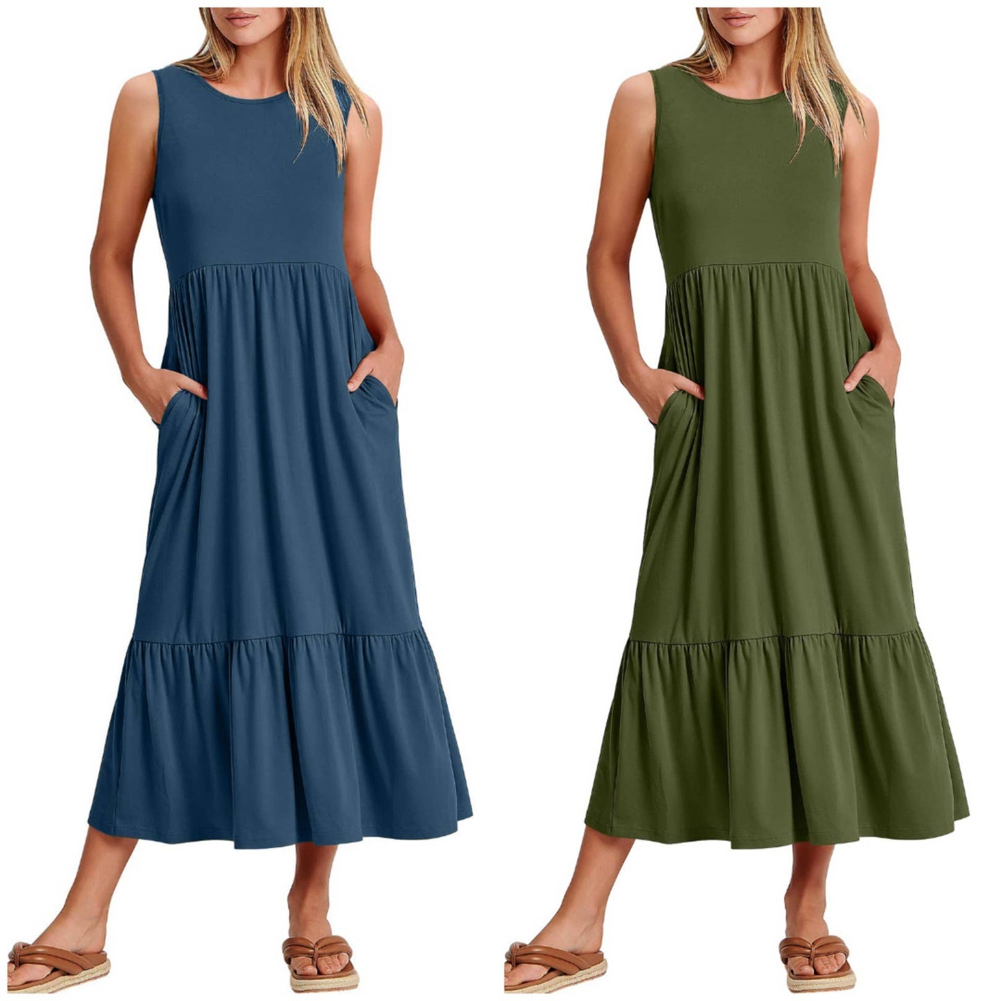 Ladies Sleeveless Pockets Simple Midi Dress